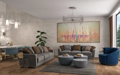 modern-living-room-with-two-gray-sofas-blue-armchair-gray-carpet-and-coffee-tables-art-picture-on-wall-and-dining-area-on-left-side